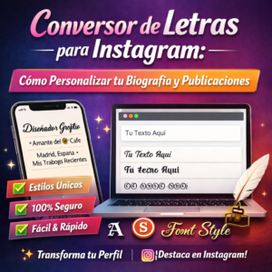 Instagram font converter guide graphic showing the title 'Conversor de Letras para Instagram: Cómo Personalizar tu Biografía y Publicaciones', a smartphone with a styled bio, a laptop with font conversion examples, and colorful icons highlighting unique, safe, and fast features