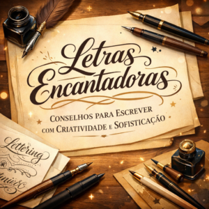 Elegant calligraphy artwork titled 'Letras Encantadoras: Conselhos para Escrever com Criatividade e Sofisticação' on parchment, surrounded by ink pens, quills, brush pens, and colored pencils, representing creative and sophisticated lettering techniques." If you want, I can also give 3 more SEO-friendly variations to use across social media and blog posts for better reach. Do you want me to do that?