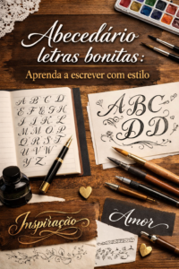 Abecedário letras bonitas com exemplos de caligrafia cursiva elegante, canetas de escrita artística e alfabeto desenhado à mão para aprender a escrever com estilo.