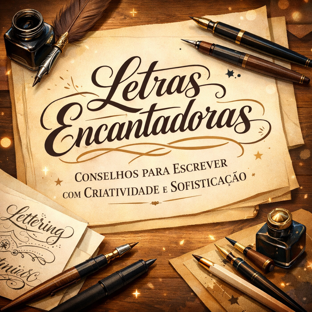 Elegant calligraphy artwork titled 'Letras Encantadoras: Conselhos para Escrever com Criatividade e Sofisticação' on parchment, surrounded by ink pens, quills, brush pens, and colored pencils, representing creative and sophisticated lettering techniques." If you want, I can also give 3 more SEO-friendly variations to use across social media and blog posts for better reach. Do you want me to do that?