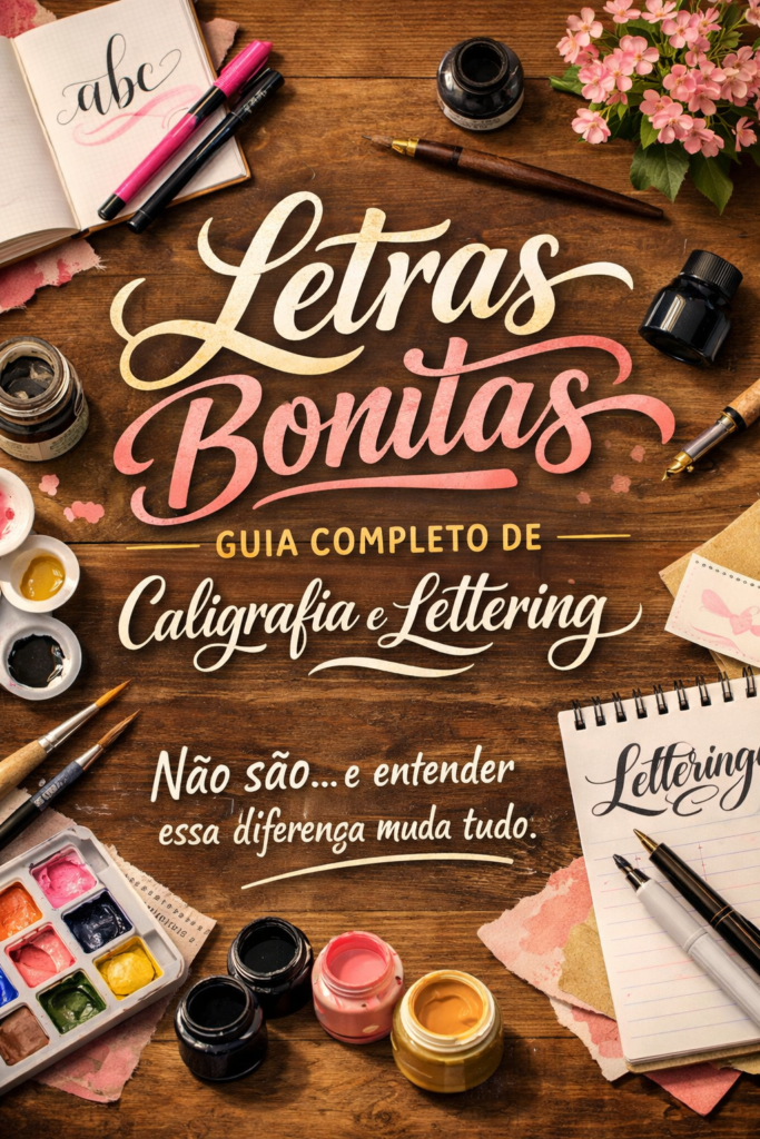 Letras Bonitas guia completo de caligrafia e lettering com tipografia artística, canetas, tintas e materiais de escrita criativa