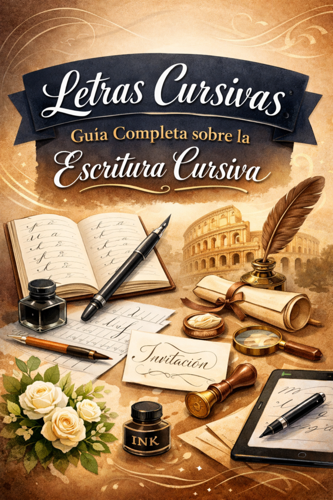 Digital illustration for 'Letras Cursivas' with calligraphy tools, an open notebook, ink bottles, and vintage elements like a quill and wax seal