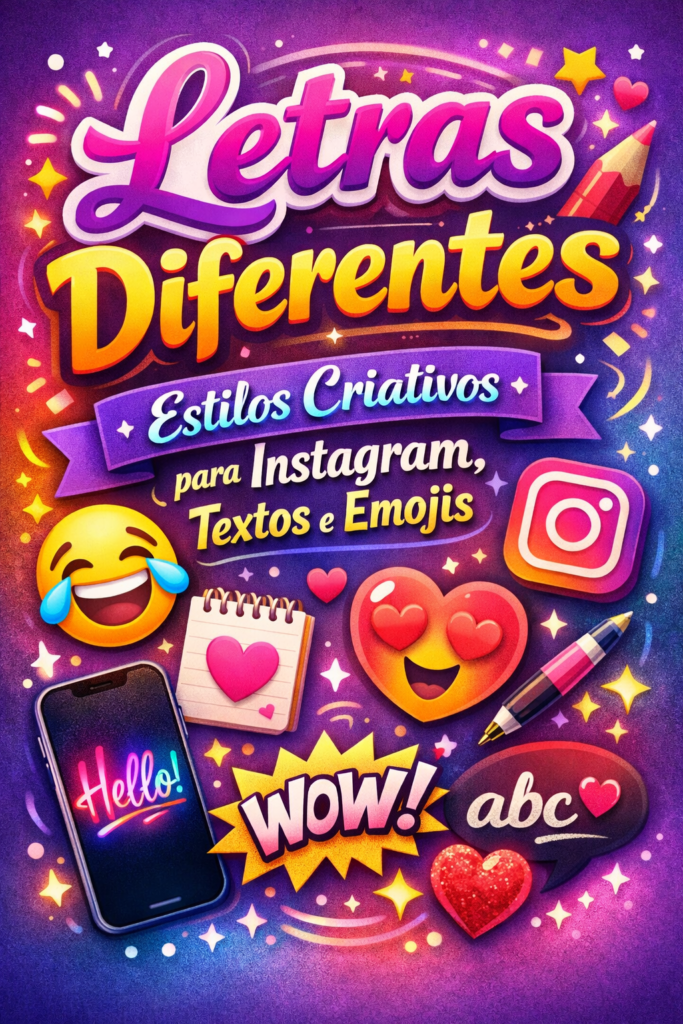 Colorful 'Letras Diferentes' 3D text with emojis, Instagram, and creative designs on a vibrant purple, pink, and blue gradient background. Includes decorative elements like hearts, stars, a phone with a 'Hello' message, and a notepad with a heart symbol. Perfect for Instagram posts showcasing creative text and emoji styles.