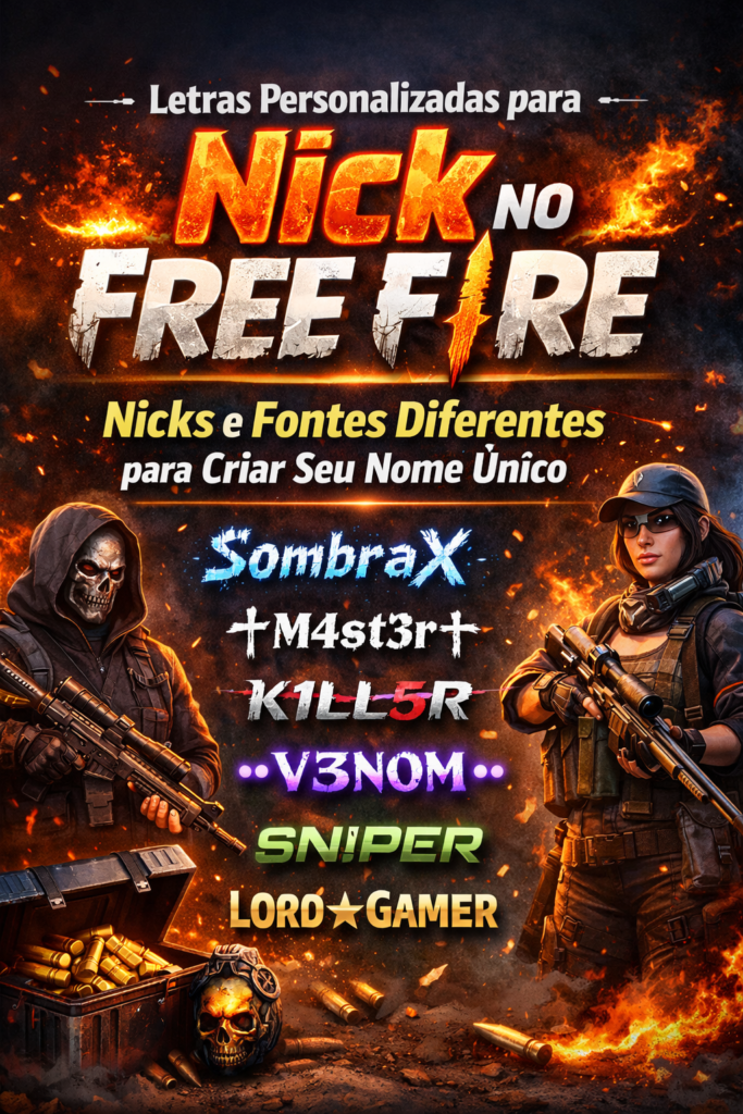 Imagem digital de letras personalizadas para nick no Free Fire com nomes criativos como SombraX, M4st3r+, K1LL5R, V3NOM, Sniper e LORD★GAMER, exibidos sobre um fundo de fogo e elementos de ação do jogo Free Fire.