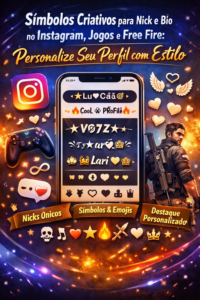 Símbolos criativos para nick e bio no Instagram, jogos e Free Fire, com emojis, letras estilizadas e ideias para personalizar perfil gamer e redes sociais
