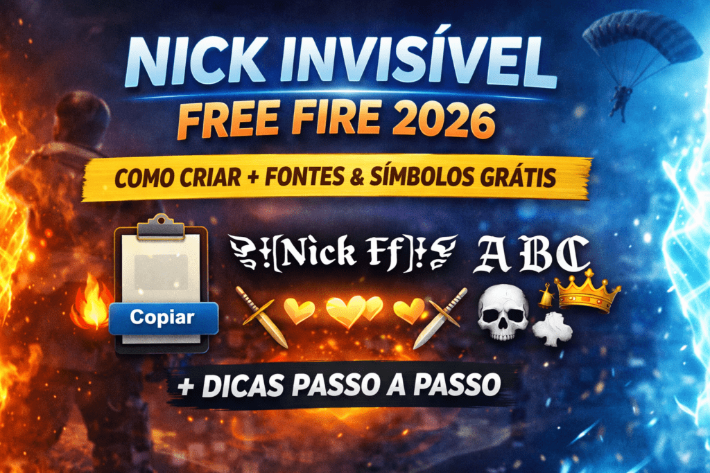 Nick invisível Free Fire 2026: aprenda como criar espaço invisível, copiar caractere invisível, usar fontes e símbolos grátis e personalizar seu nick no FF facilmente.